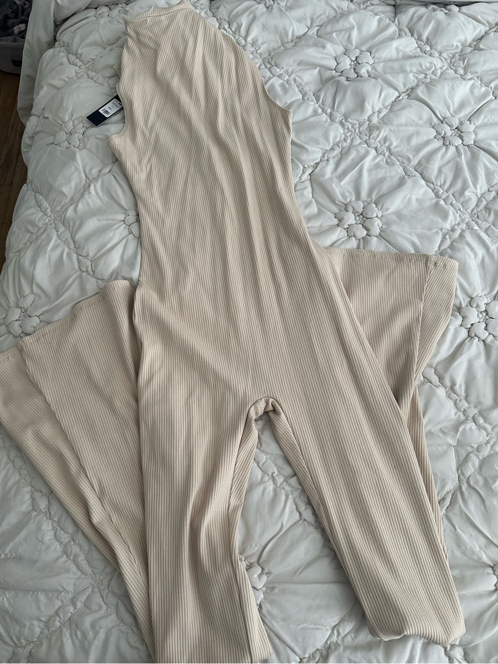 Fashion Nova Ribbed Sleeveless Jumpsuit in Beige